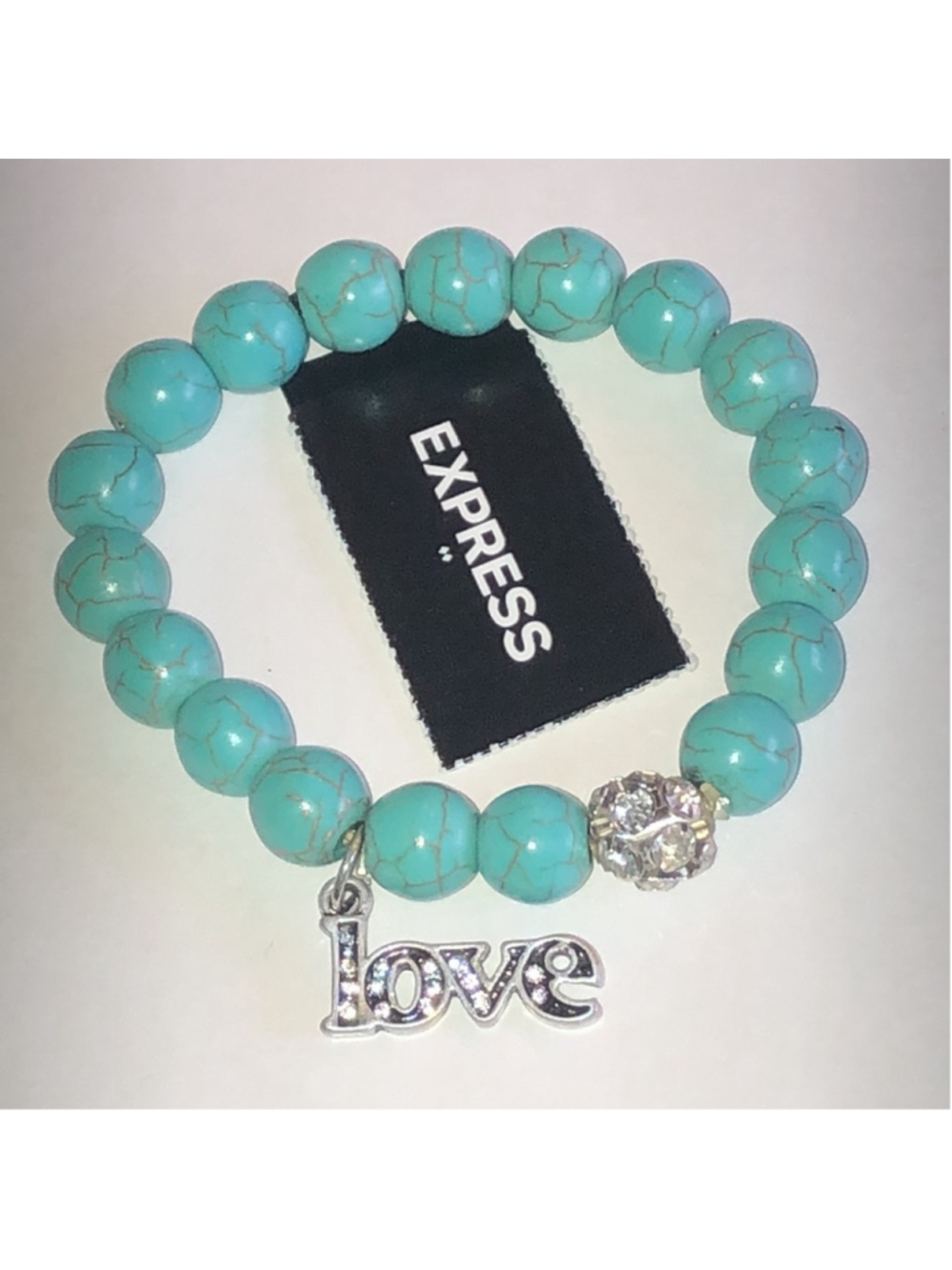Express Turquoise Color Boho Beaded Bracelet with Silver Tone Love Charm
